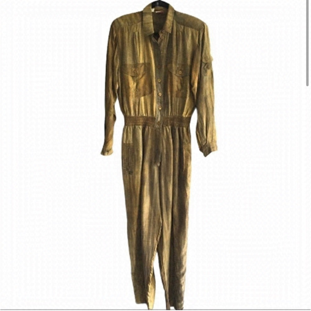 Vintage Bianca 100% Silk Jumpsuit Utility Military Olive Green Oversized Small - Picture 2 of 11